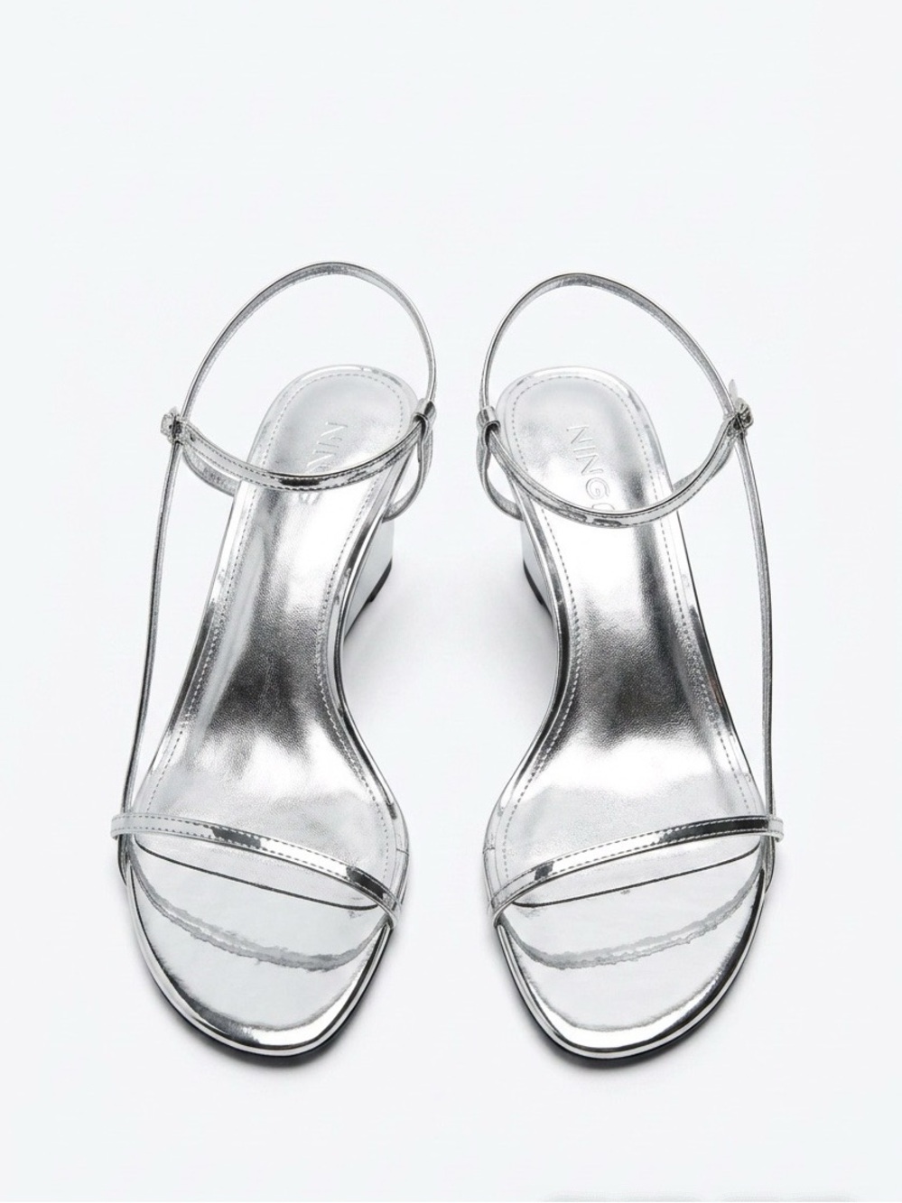 Mango MNG Silver Metallic Strappy Minimalist Wedge Sandal - Size 40/US 9